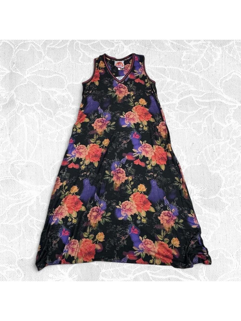 Johnny Was Bossa Nova Black V-Neck Red Pink Purple Floral Maxi Dress - Small